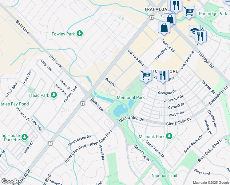 map of restaurants, bars, coffee shops, grocery stores, and more near in Oakville