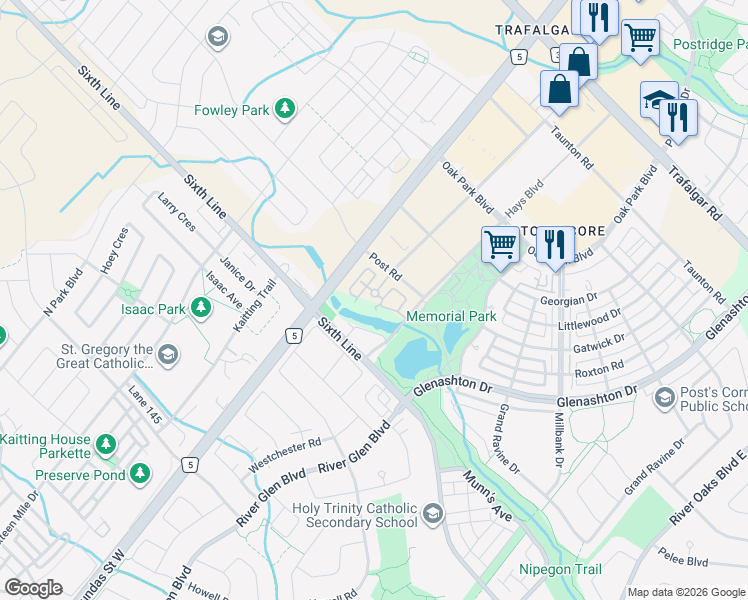 map of restaurants, bars, coffee shops, grocery stores, and more near 2468 Post Road in Oakville