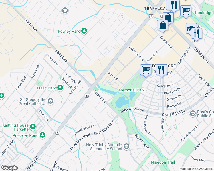 map of restaurants, bars, coffee shops, grocery stores, and more near in Oakville