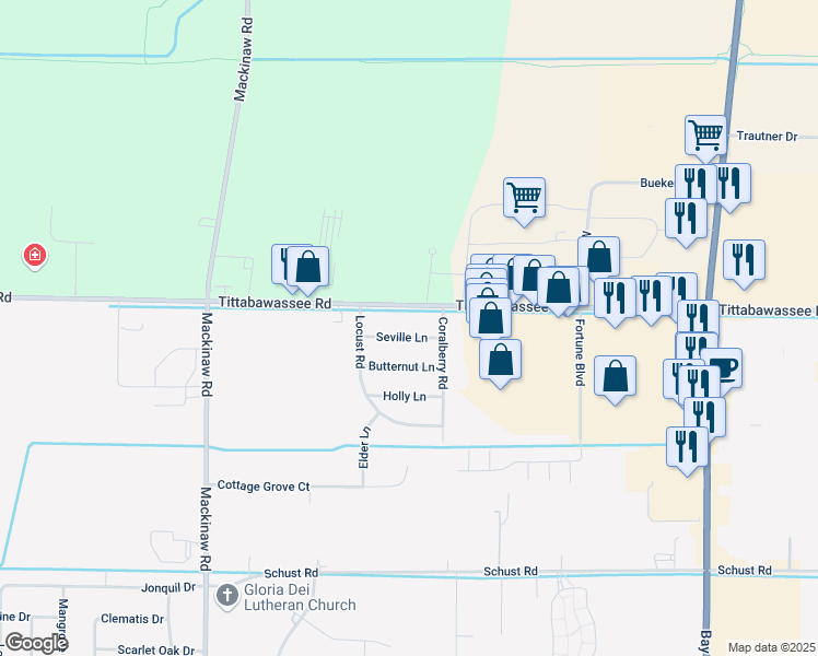 map of restaurants, bars, coffee shops, grocery stores, and more near 3561 Seville Lane in Saginaw