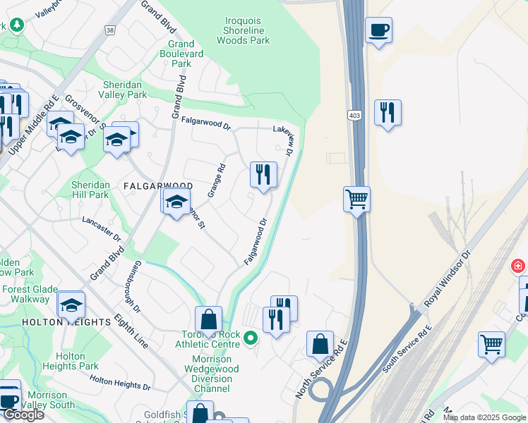 map of restaurants, bars, coffee shops, grocery stores, and more near in Oakville