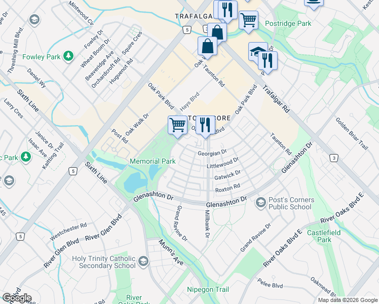 map of restaurants, bars, coffee shops, grocery stores, and more near 98 Georgian Drive in Oakville