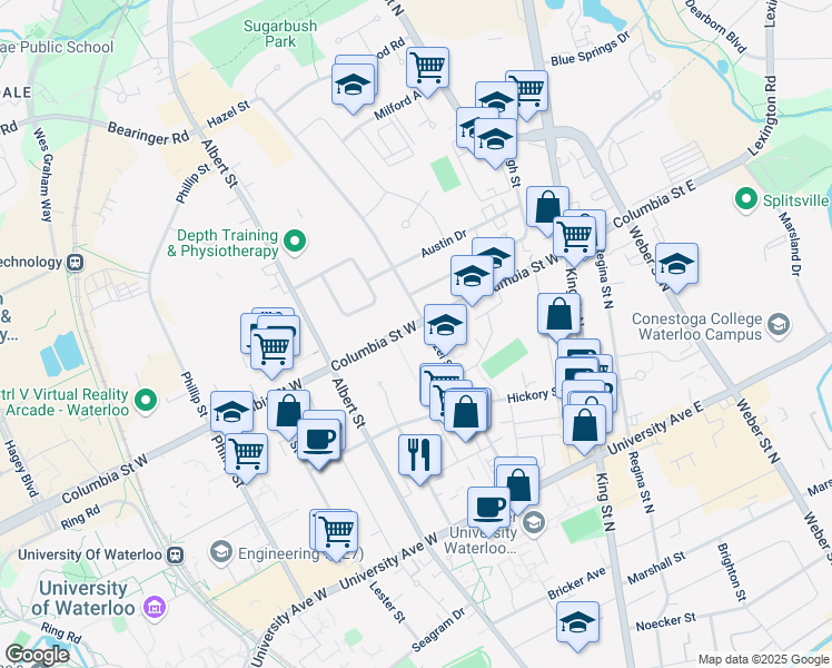 map of restaurants, bars, coffee shops, grocery stores, and more near 69 Columbia Street West in Waterloo