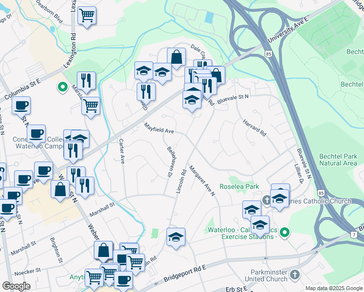 map of restaurants, bars, coffee shops, grocery stores, and more near 247 Montclair Place in Waterloo