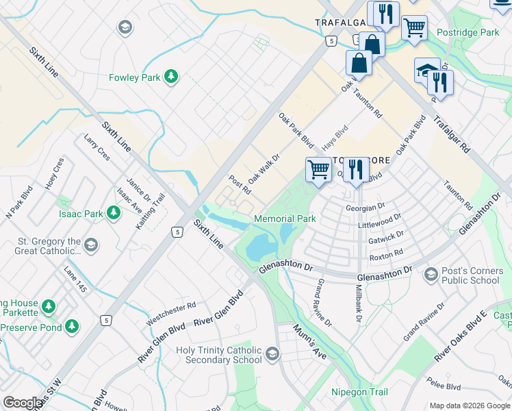 map of restaurants, bars, coffee shops, grocery stores, and more near 2444 Post Road in Oakville