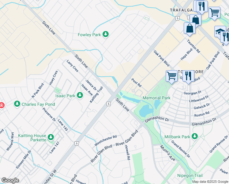 map of restaurants, bars, coffee shops, grocery stores, and more near in Oakville