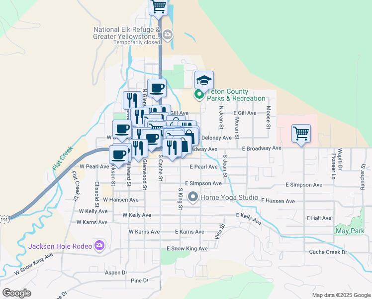 map of restaurants, bars, coffee shops, grocery stores, and more near 135 East Broadway Avenue in Jackson