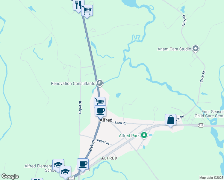 map of restaurants, bars, coffee shops, grocery stores, and more near 27 Waterboro Road in Alfred