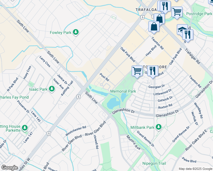 map of restaurants, bars, coffee shops, grocery stores, and more near in Oakville