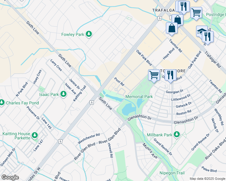 map of restaurants, bars, coffee shops, grocery stores, and more near in Oakville