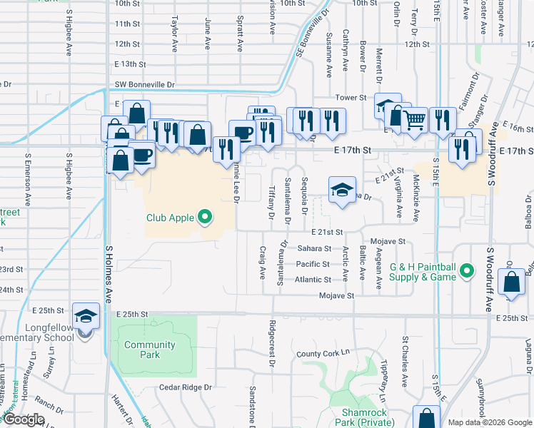 map of restaurants, bars, coffee shops, grocery stores, and more near 2068 Tiffany Dr in Idaho Falls