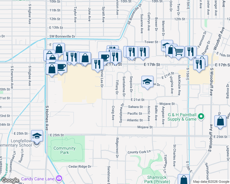 map of restaurants, bars, coffee shops, grocery stores, and more near 2068 Tiffany Dr in Idaho Falls