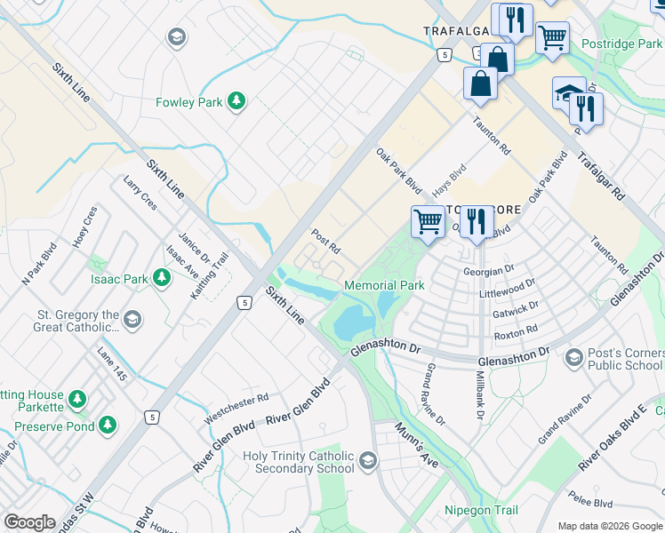 map of restaurants, bars, coffee shops, grocery stores, and more near in Oakville