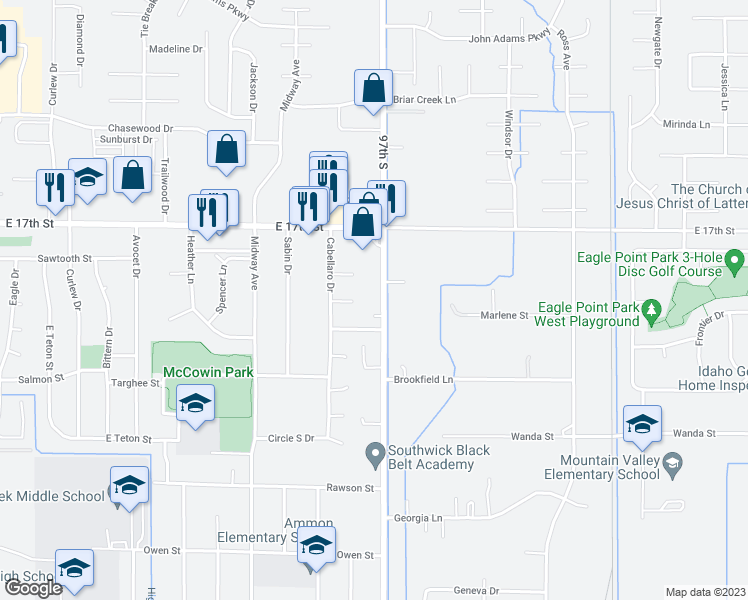 map of restaurants, bars, coffee shops, grocery stores, and more near 1940 South Ammon Road in Idaho Falls