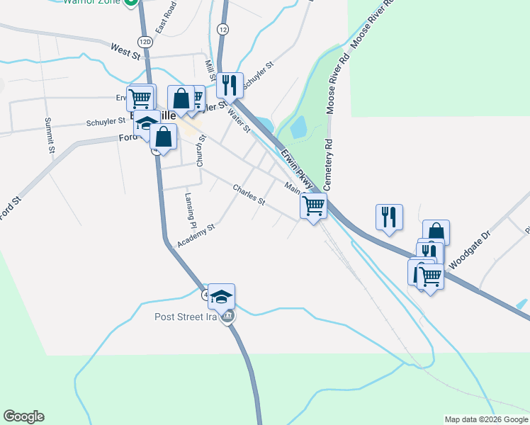 map of restaurants, bars, coffee shops, grocery stores, and more near 311 Charles Street in Boonville
