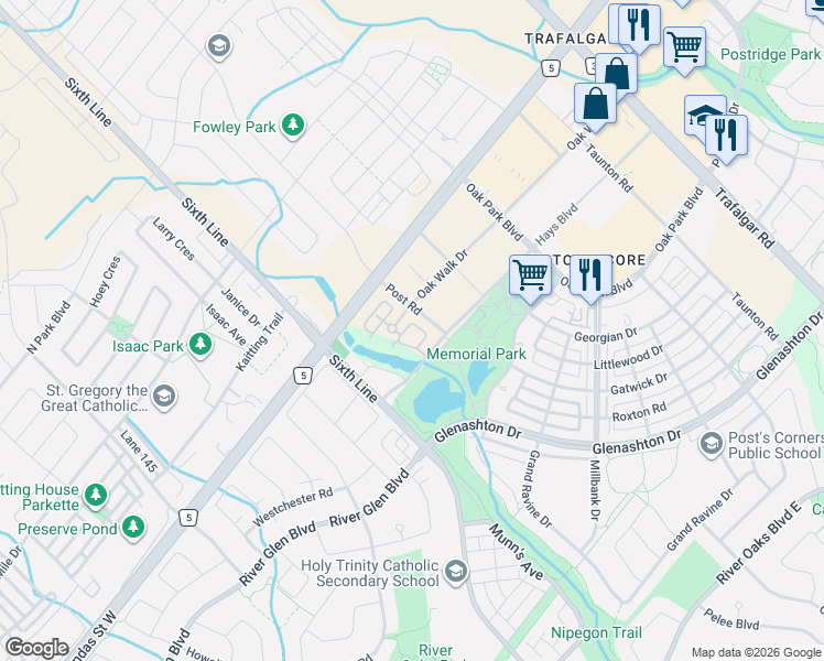 map of restaurants, bars, coffee shops, grocery stores, and more near 43 Hays Boulevard in Oakville