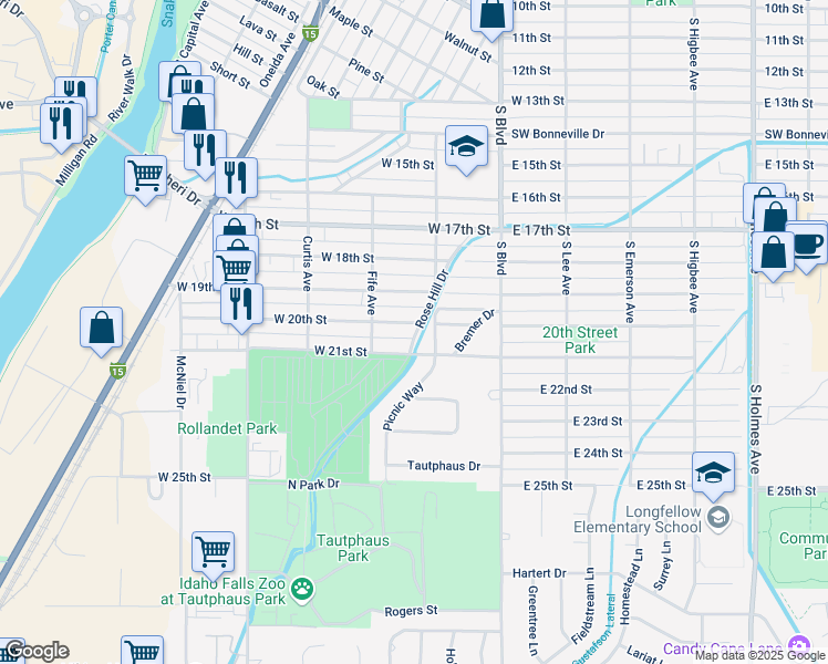 map of restaurants, bars, coffee shops, grocery stores, and more near 2122 Calkins Avenue in Idaho Falls