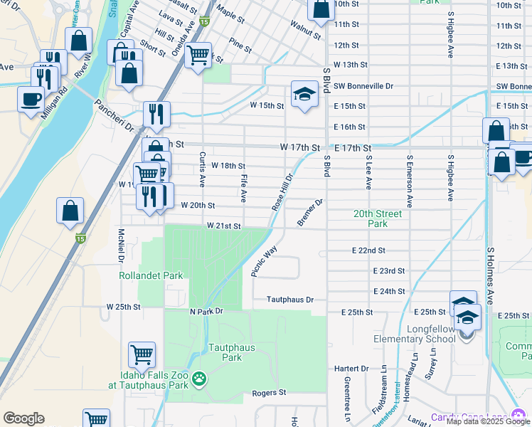 map of restaurants, bars, coffee shops, grocery stores, and more near 272 West 21st Street in Idaho Falls