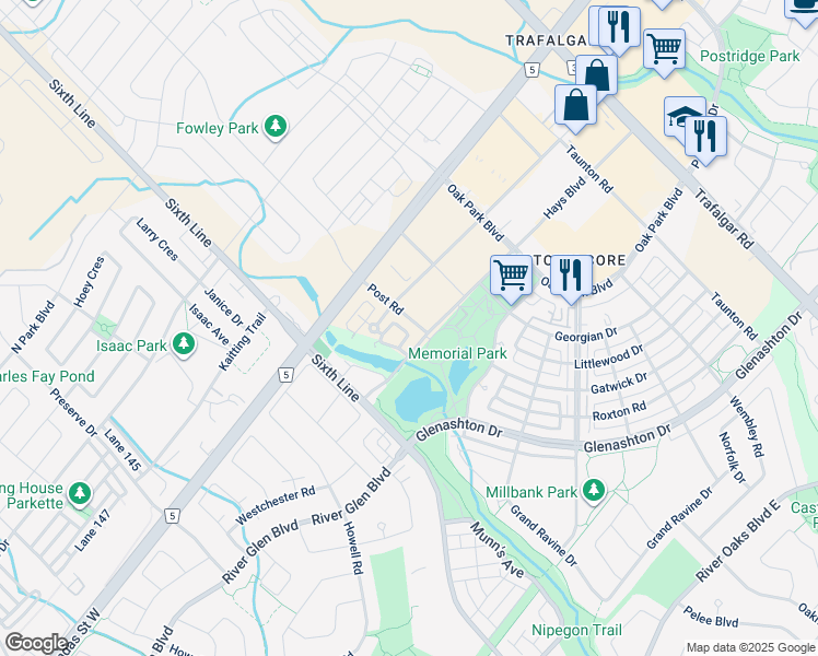 map of restaurants, bars, coffee shops, grocery stores, and more near in Oakville