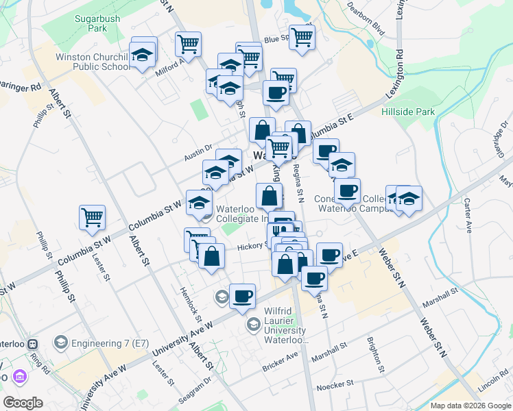 map of restaurants, bars, coffee shops, grocery stores, and more near 319 Spruce Street in Waterloo