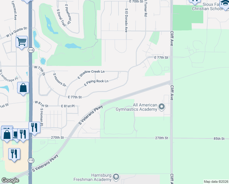 map of restaurants, bars, coffee shops, grocery stores, and more near 716 East Silver Pond Place in Sioux Falls