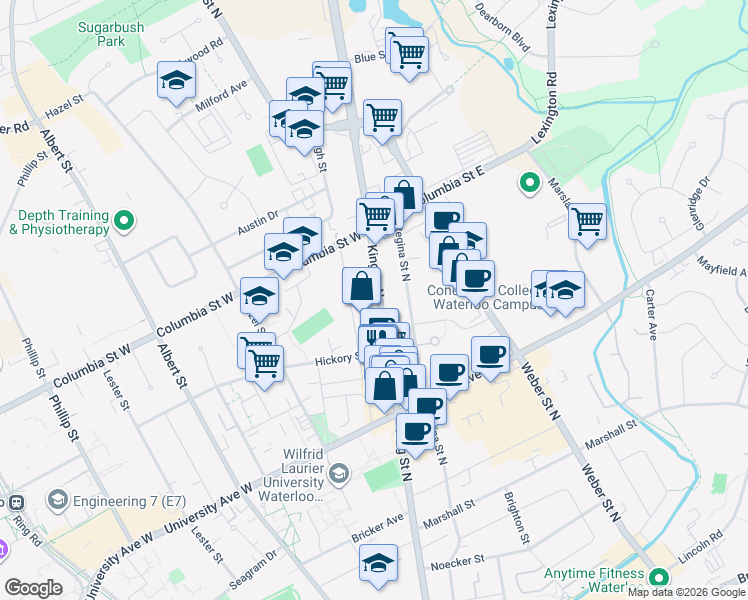 map of restaurants, bars, coffee shops, grocery stores, and more near 333 King Street North in Waterloo