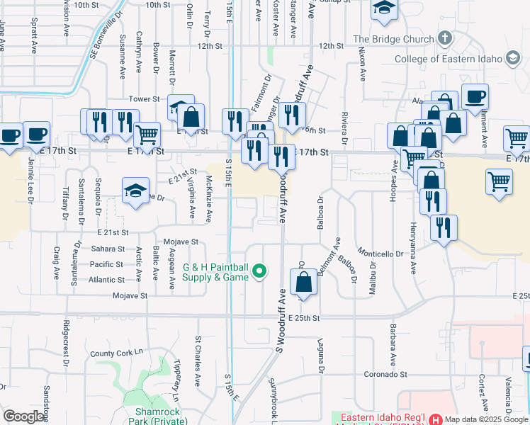 map of restaurants, bars, coffee shops, grocery stores, and more near 2060 South Woodruff Avenue in Idaho Falls