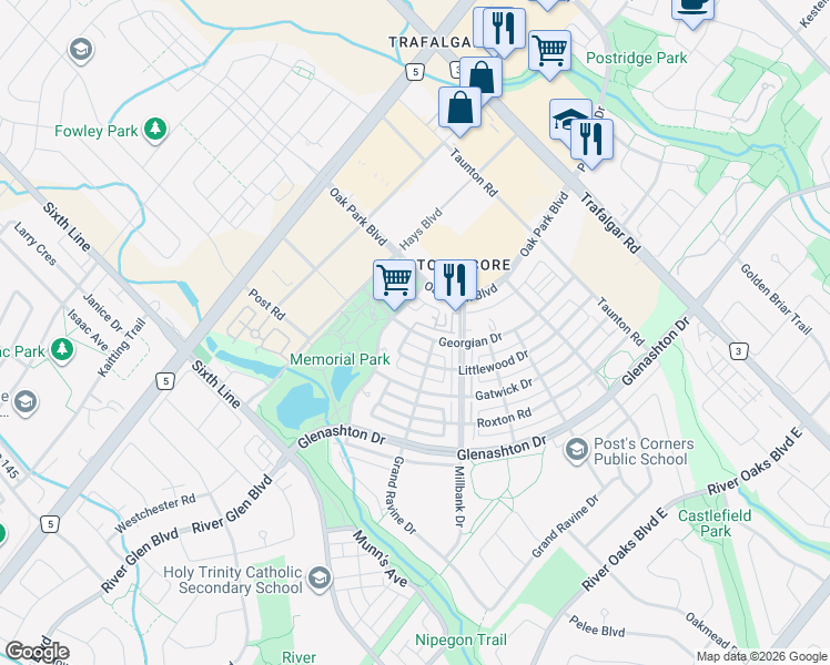 map of restaurants, bars, coffee shops, grocery stores, and more near Georgian Drive in Oakville