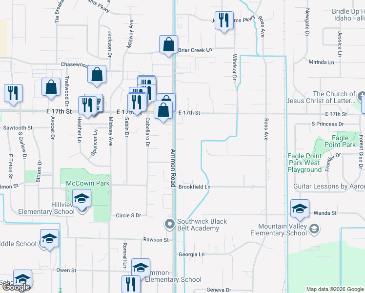 map of restaurants, bars, coffee shops, grocery stores, and more near 2055 South Ammon Road in Idaho Falls