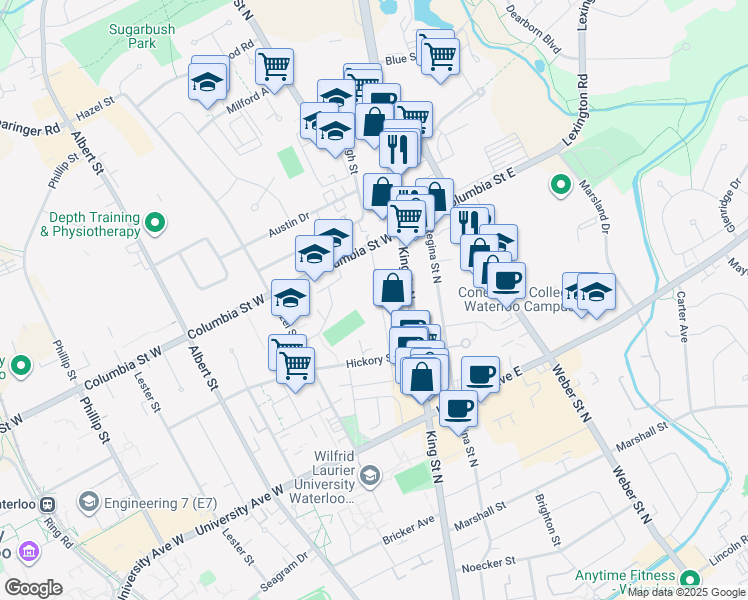 map of restaurants, bars, coffee shops, grocery stores, and more near 327 Spruce Street in Waterloo