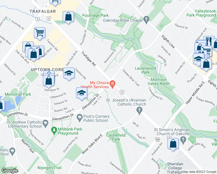 map of restaurants, bars, coffee shops, grocery stores, and more near in Oakville