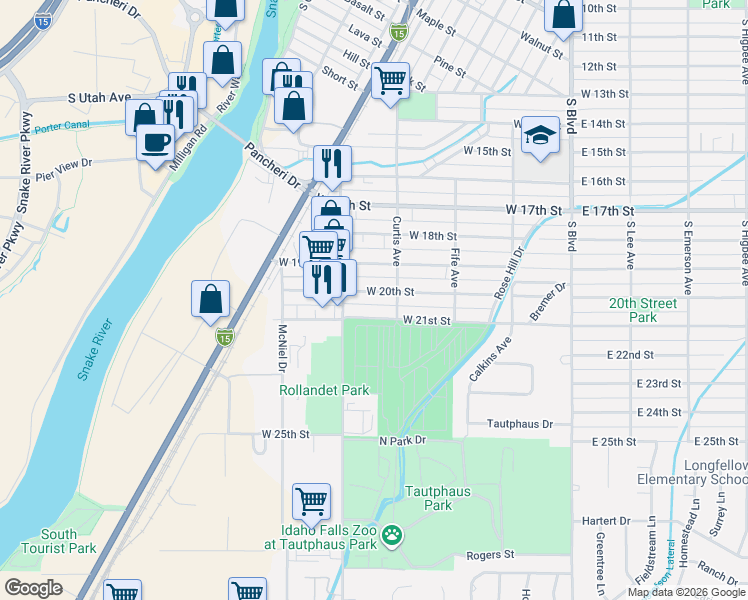 map of restaurants, bars, coffee shops, grocery stores, and more near 457 West 19th Street in Idaho Falls