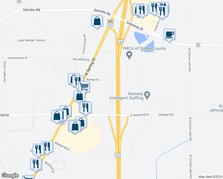 map of restaurants, bars, coffee shops, grocery stores, and more near 117 Knaup Drive in Beaver Dam