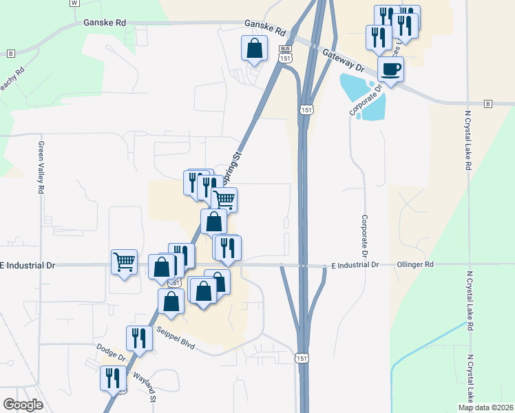 map of restaurants, bars, coffee shops, grocery stores, and more near 119 Knaup Drive in Beaver Dam