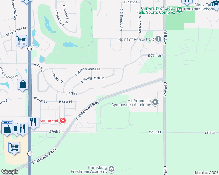 map of restaurants, bars, coffee shops, grocery stores, and more near 1001 East 77th Street in Sioux Falls