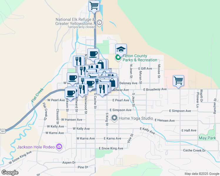 map of restaurants, bars, coffee shops, grocery stores, and more near 135 East Broadway Avenue in Jackson