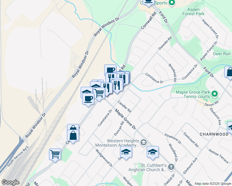 map of restaurants, bars, coffee shops, grocery stores, and more near 511 Maple Grove Drive in Oakville