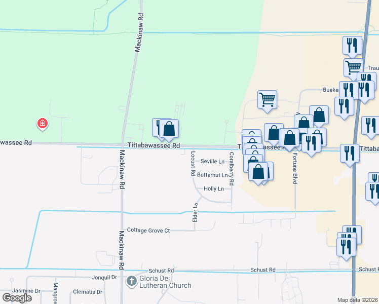 map of restaurants, bars, coffee shops, grocery stores, and more near 4975 Locust Road in Saginaw