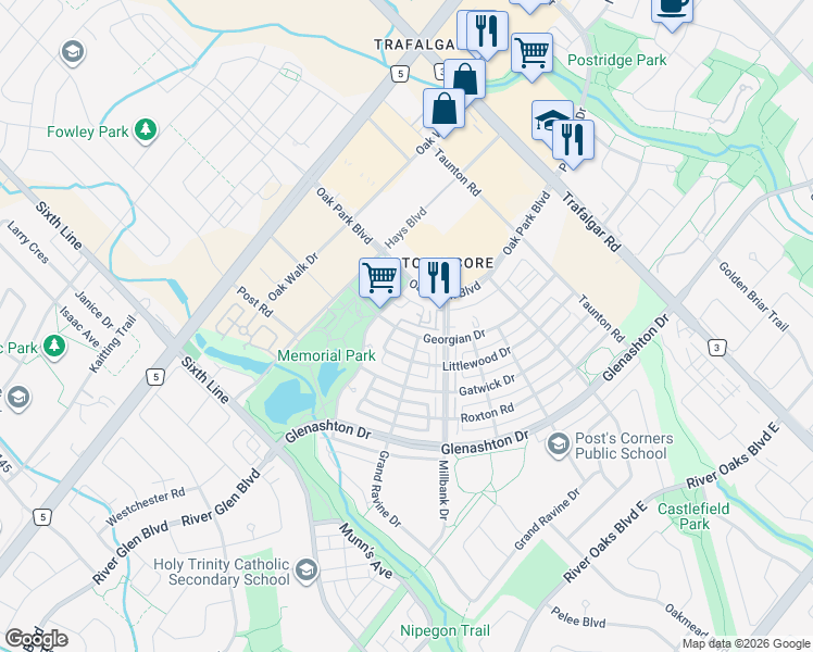 map of restaurants, bars, coffee shops, grocery stores, and more near 95 Georgian Drive in Oakville