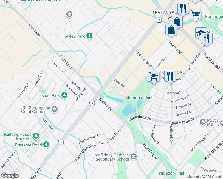 map of restaurants, bars, coffee shops, grocery stores, and more near 41 Dundas Street East in Oakville