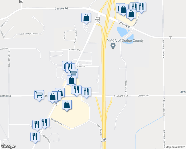 map of restaurants, bars, coffee shops, grocery stores, and more near 194 Knaup Drive in Beaver Dam