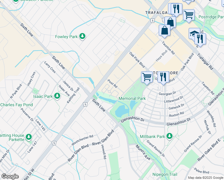 map of restaurants, bars, coffee shops, grocery stores, and more near 2464 Post Road in Oakville