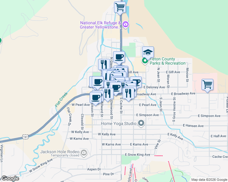 map of restaurants, bars, coffee shops, grocery stores, and more near 50 Glenwood Street in Jackson