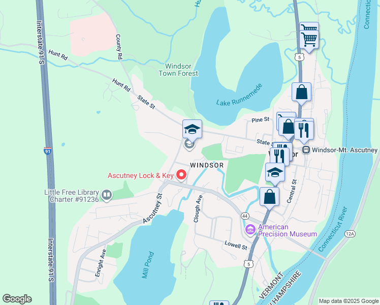 map of restaurants, bars, coffee shops, grocery stores, and more near 19 Ascutney Street in Windsor