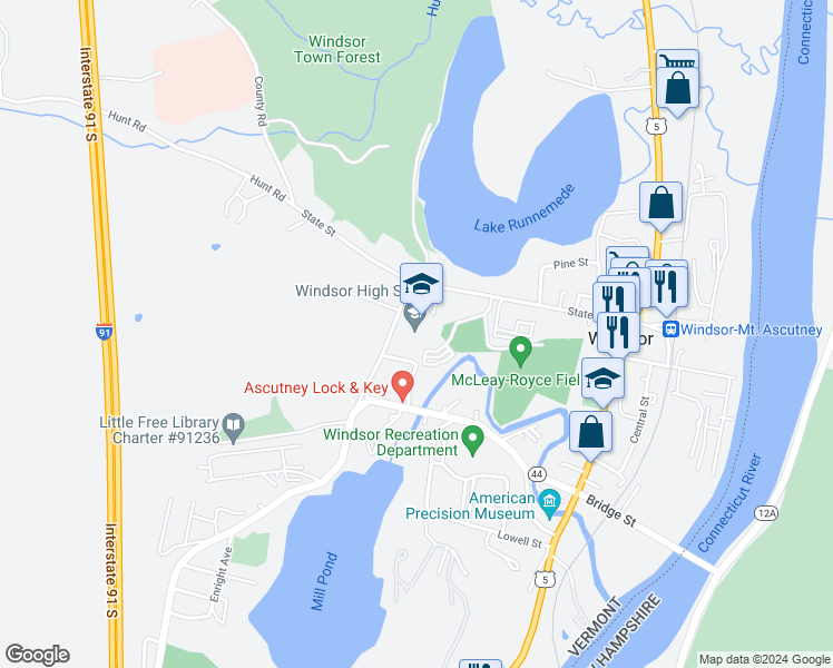 map of restaurants, bars, coffee shops, grocery stores, and more near 19 Ascutney Street in Windsor