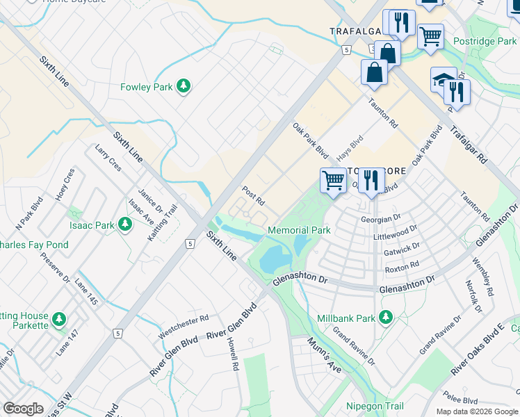 map of restaurants, bars, coffee shops, grocery stores, and more near 2450 Post Road in Oakville