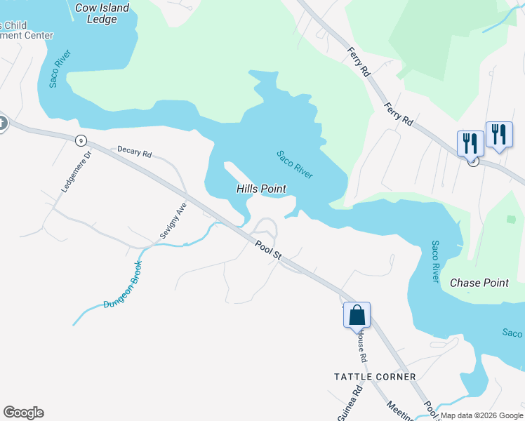 map of restaurants, bars, coffee shops, grocery stores, and more near 355 Pool Street in Biddeford