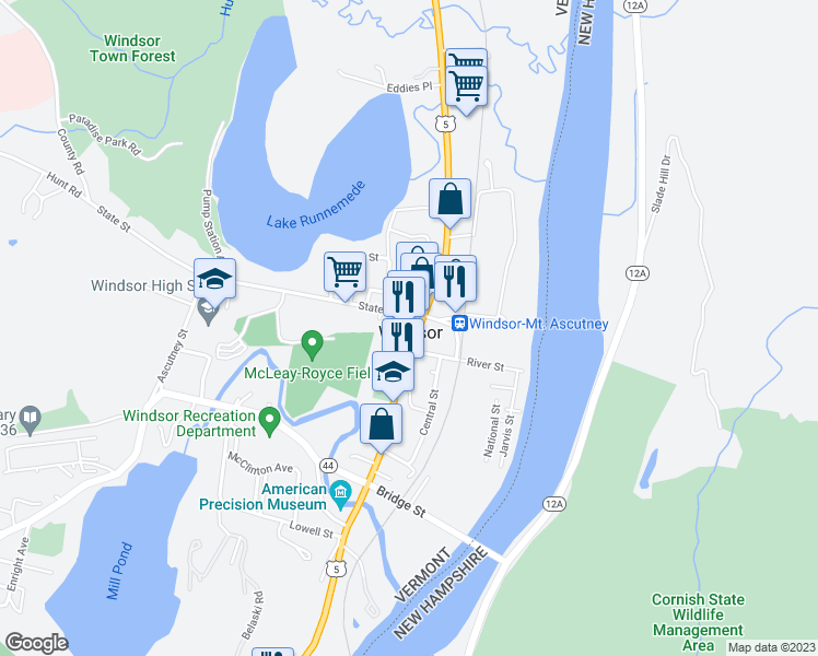 map of restaurants, bars, coffee shops, grocery stores, and more near 9 State Street in Windsor