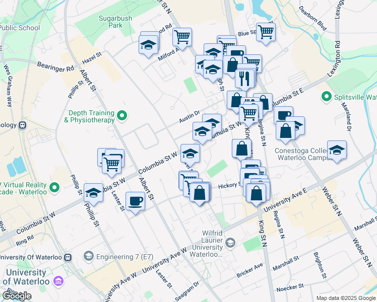 map of restaurants, bars, coffee shops, grocery stores, and more near 57 Columbia Street West in Waterloo
