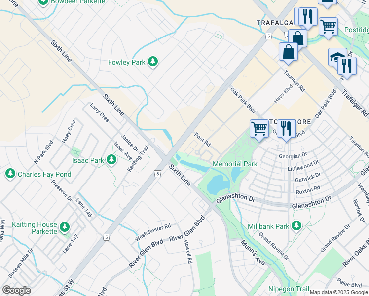 map of restaurants, bars, coffee shops, grocery stores, and more near 2508 Post Road in Oakville